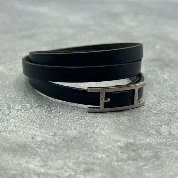 NWT Hermes Hapi 3 MM Black Leather Palladium Wrap Bracelet Buckle With Box - Picture 2 of 16